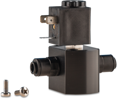 Solenoid valve for the Testomat 808, spare part, front view with screws on the left